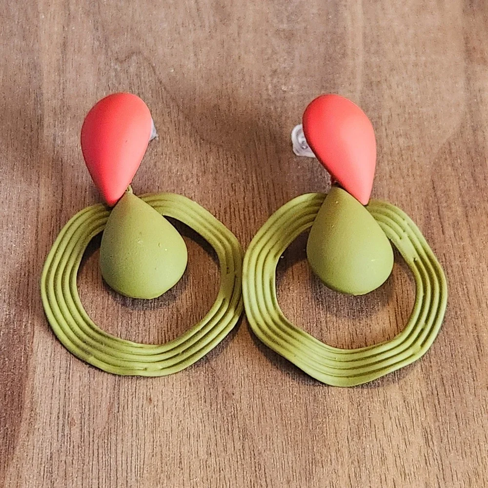 Matte Red and Olive Green Geometric Teardrop Hoop Drop Statement Earrings